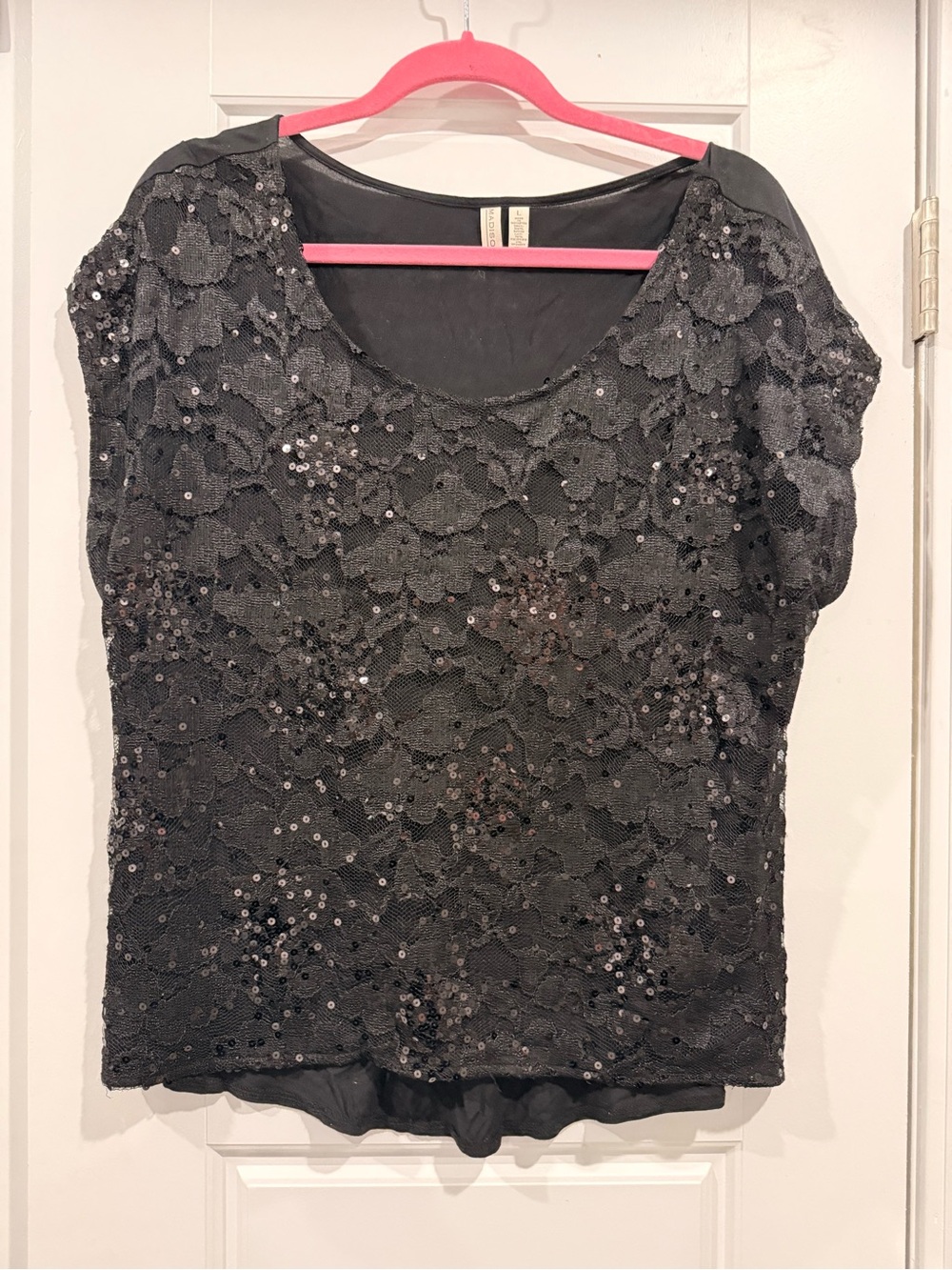 Madison Black Sequin Lace Overlay Short Sleeve Blouse